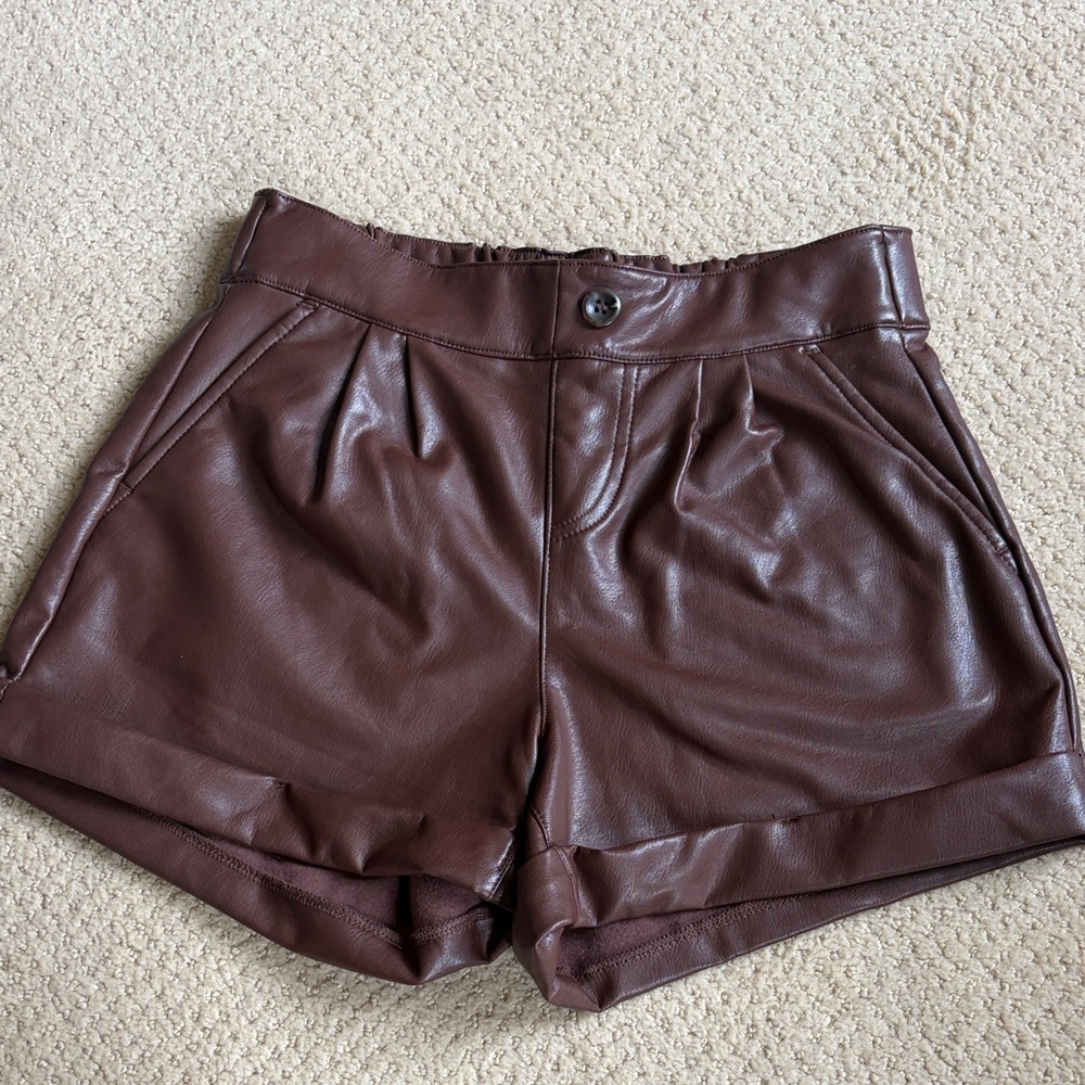Women’s Brown Faux Leather High-Waist Shorts